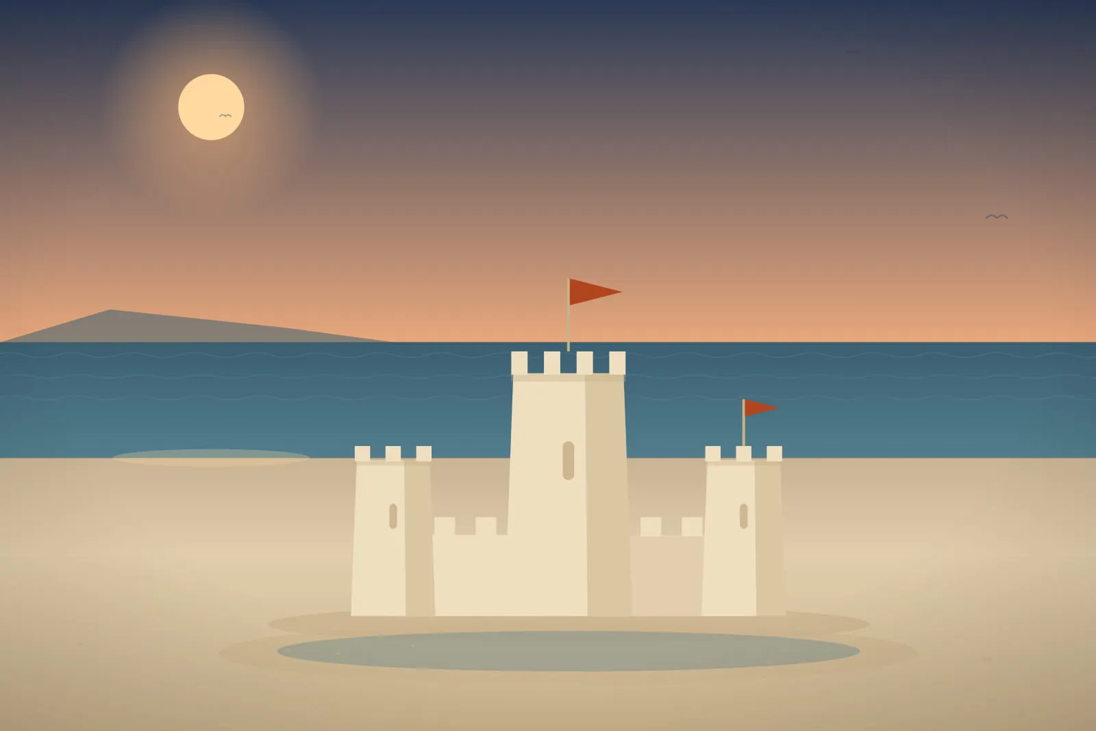 A three-towered sandcastle on an empty beach at dawn, with a low sun behind haze, a calm blue sea and a broad water-filled moat curving in front of the structure.