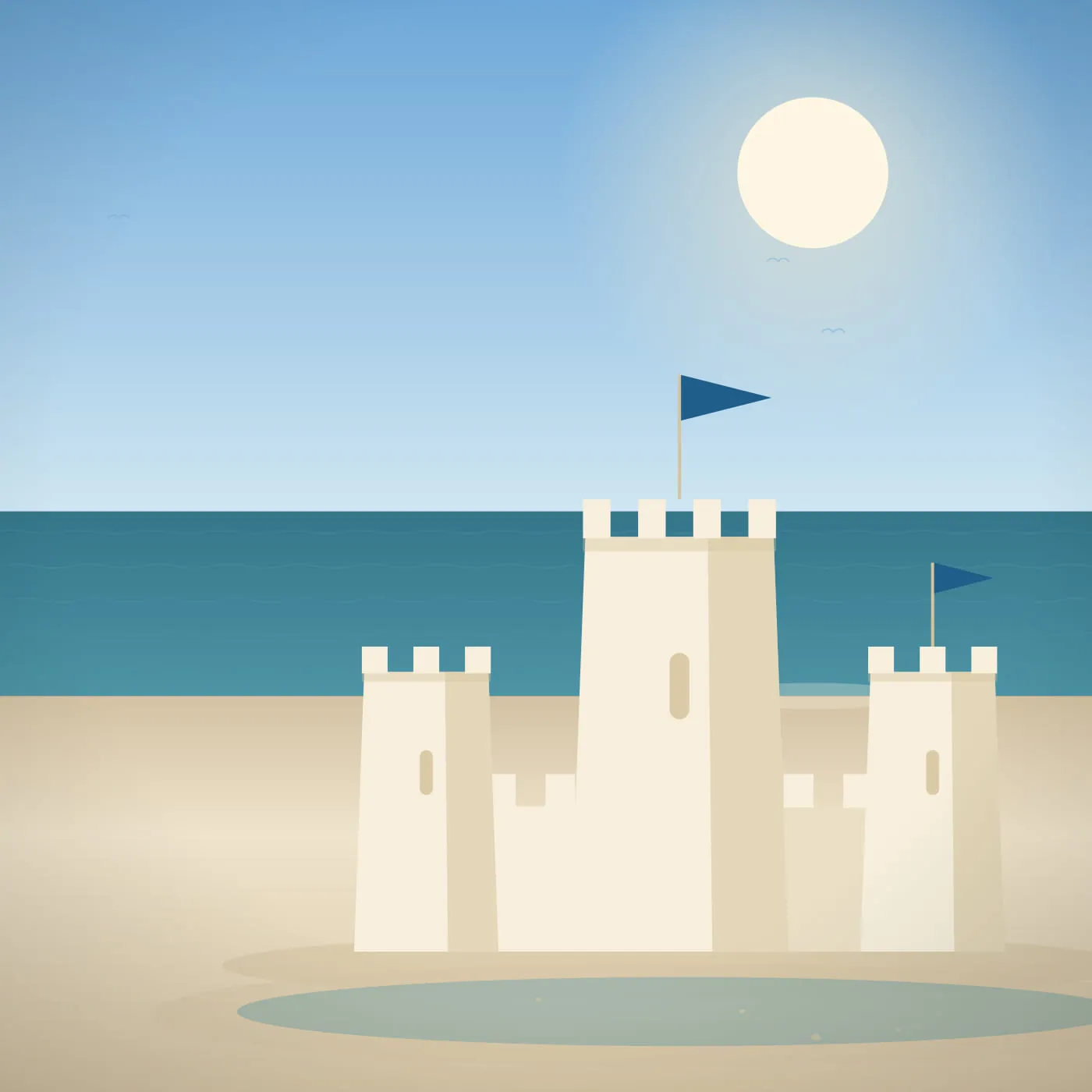 A sandcastle photographed square-on under bright midday light, pale towers against a deep blue sea, with crisp shadows on the right-hand faces.