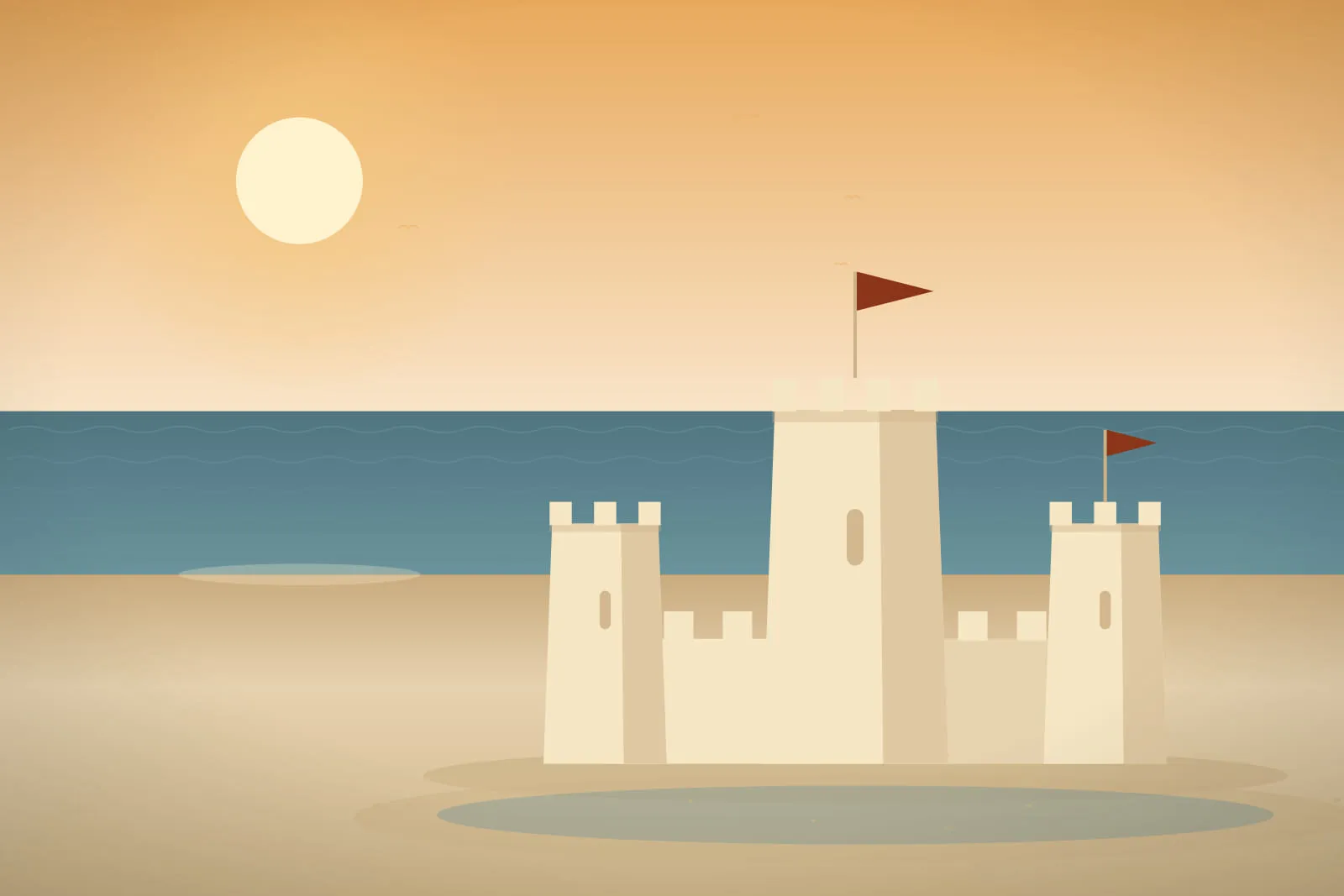 A sandcastle in warm golden-hour light, the low sun casting a soft reflection across wet sand, with a red pennant flying from the central keep.