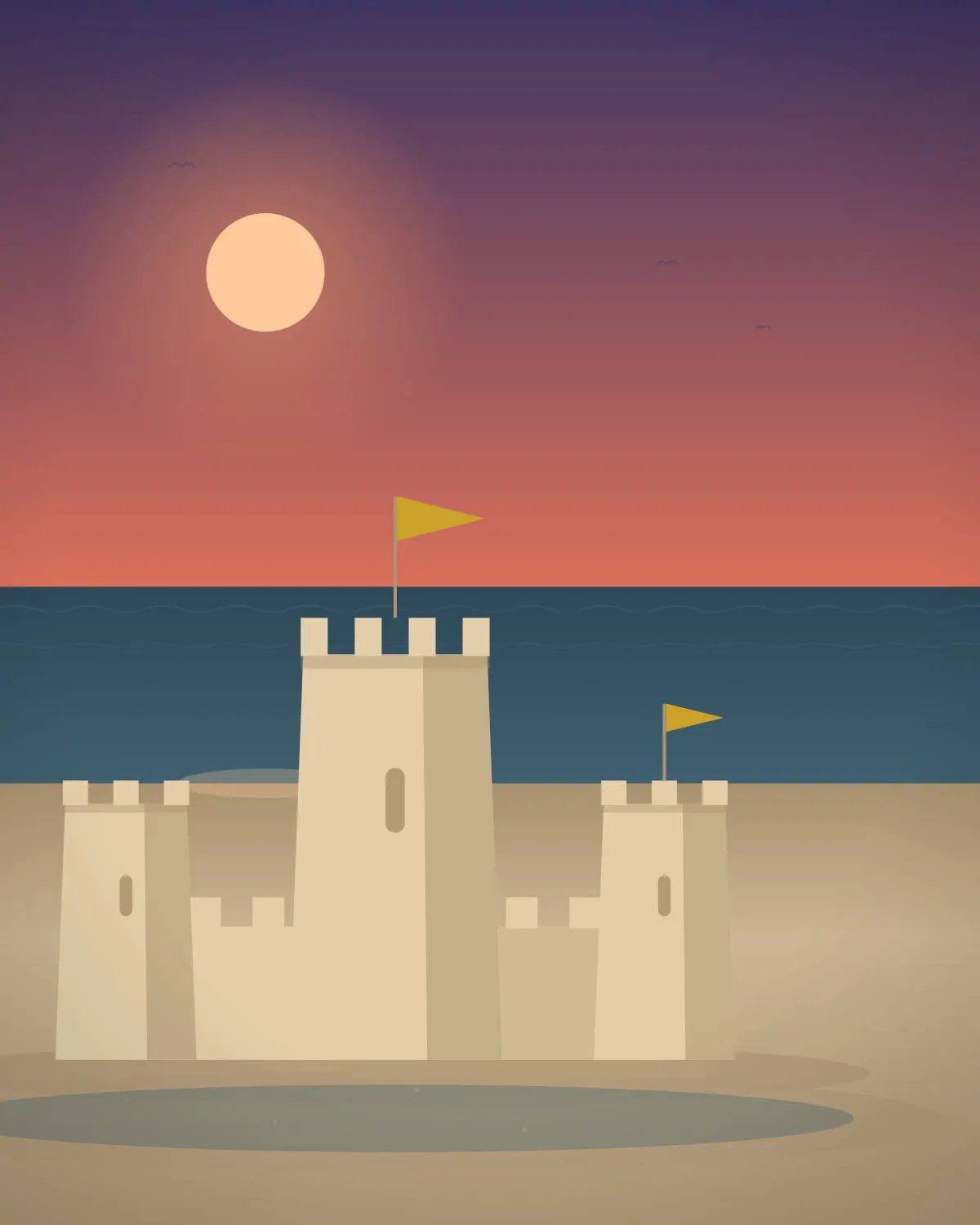 A tall portrait view of a sandcastle at dusk, deep violet sky above a burnt-orange horizon, the towers lit warmly against darkening sea.