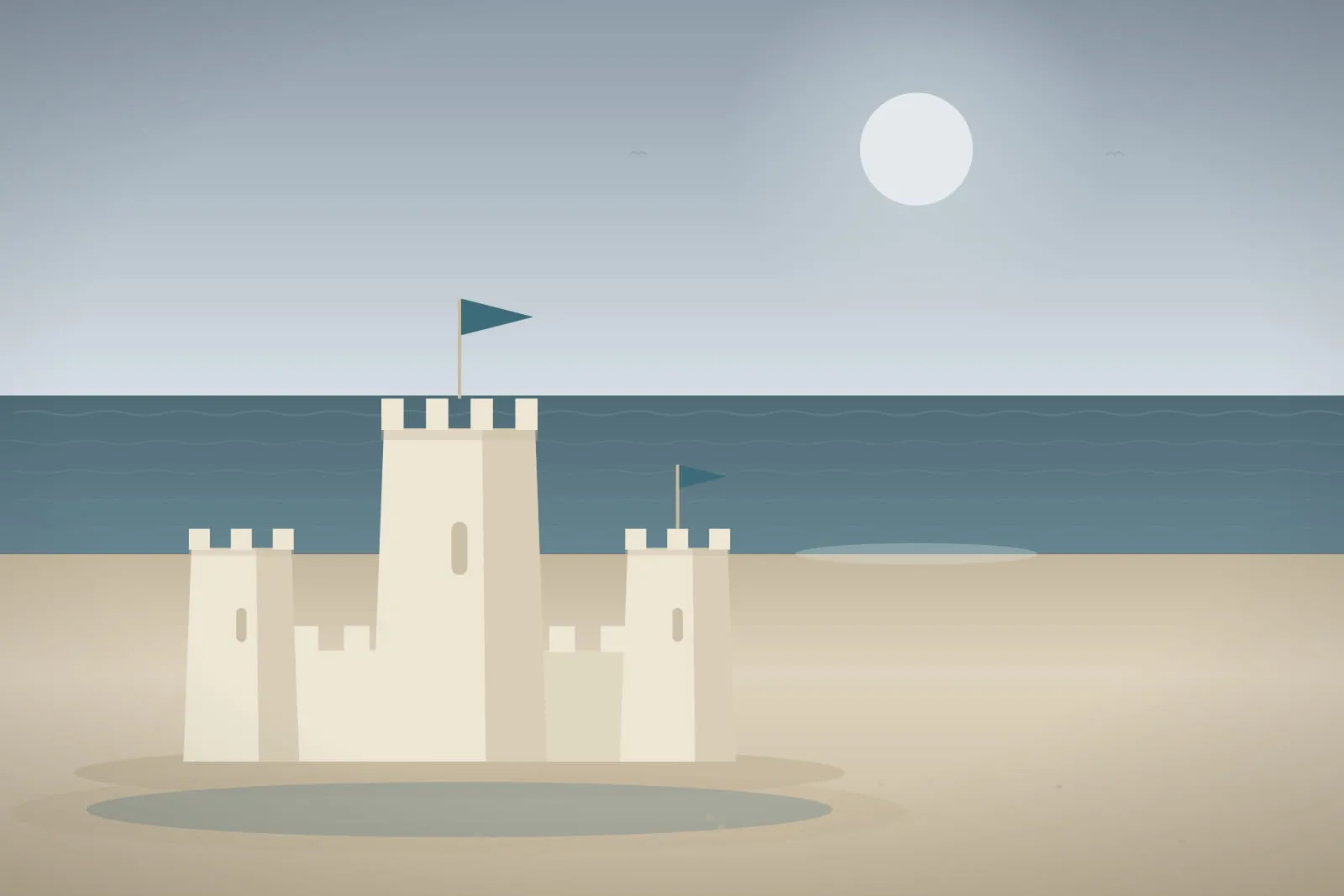 A sandcastle under flat grey overcast light, muted sea and sky meeting at a soft horizon, the pale structure standing out against the dull water.