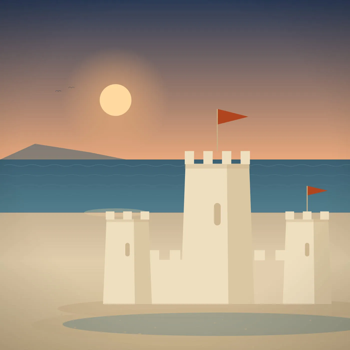 A square-framed sandcastle at dawn, soft peach light along the horizon, with a wide shallow moat encircling the base of the towers.