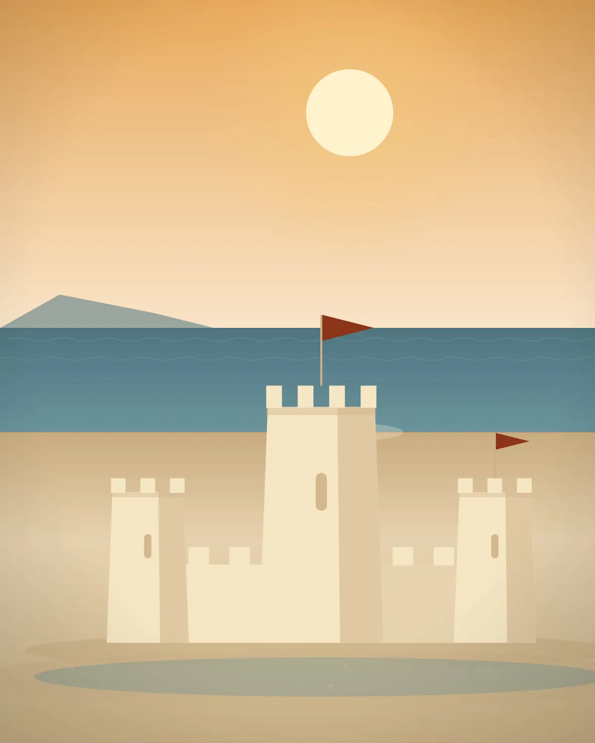 A portrait view of a sandcastle in golden light, warm sky filling the upper frame, with long soft shadows running across the beach.
