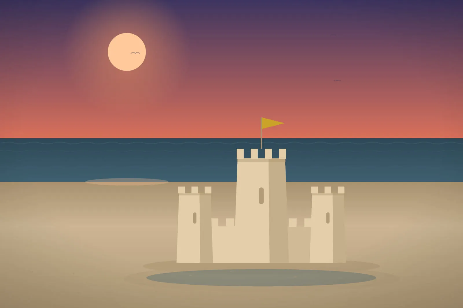 A restored sandcastle at dusk on the Thornbury coast, its towers lit against a darkening sea.