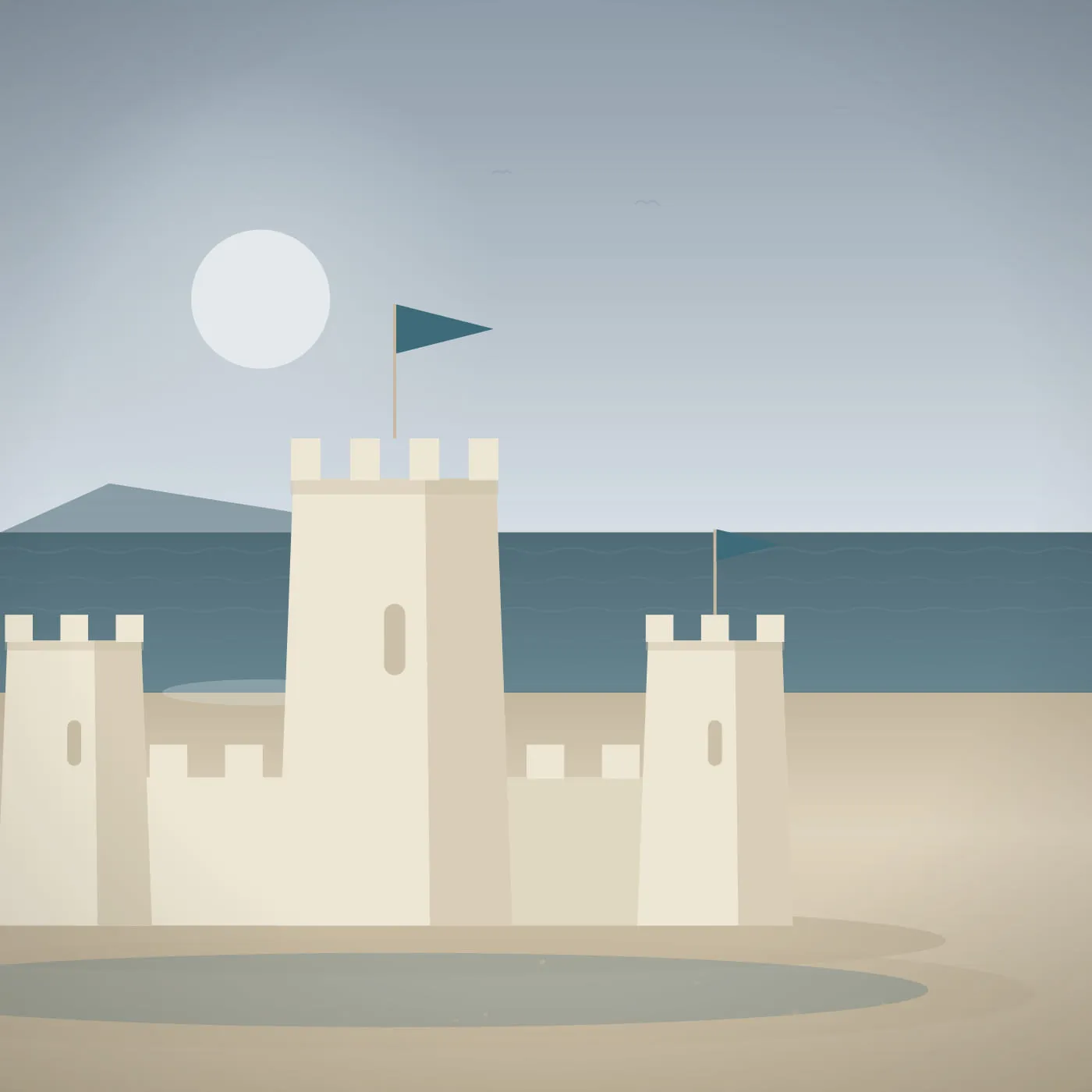 A square-framed sandcastle under heavy grey cloud, cool flat light across the sand and a steel-coloured sea beyond the moat.