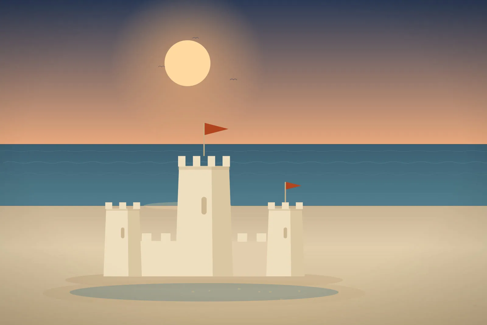 A sandcastle at first light, pale gold sky above a dark blue sea, with a deep encircling moat catching the reflection of the sky.