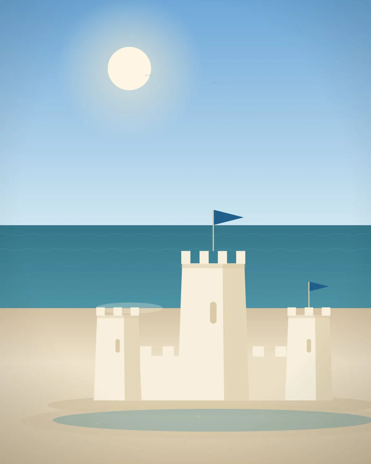 A tall portrait view of a sandcastle in clear daylight, the crenellated parapets sharply defined against a bright sky.