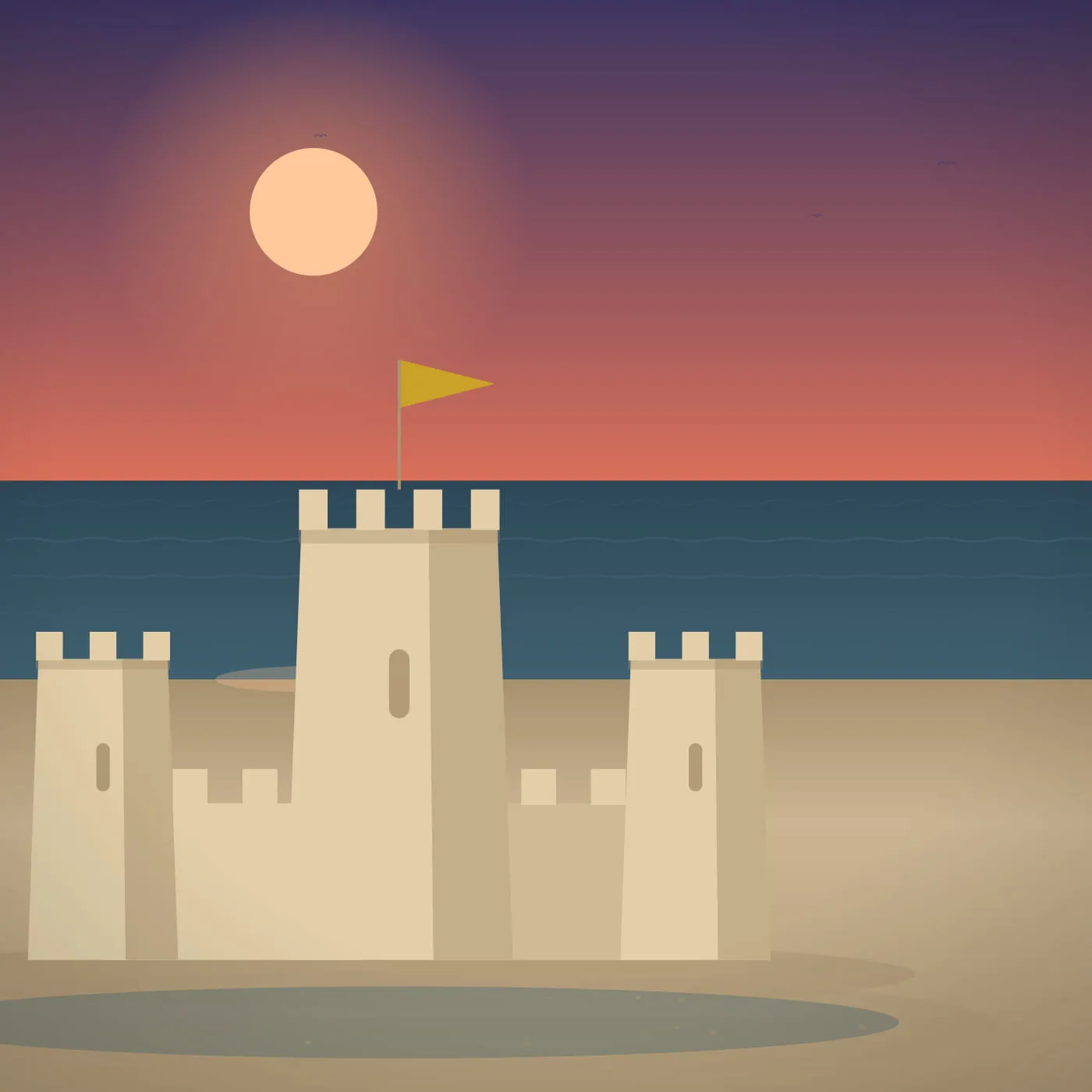 A square-framed sandcastle at dusk, the sky deep indigo overhead shading to coral at the waterline, towers softly lit from the west.