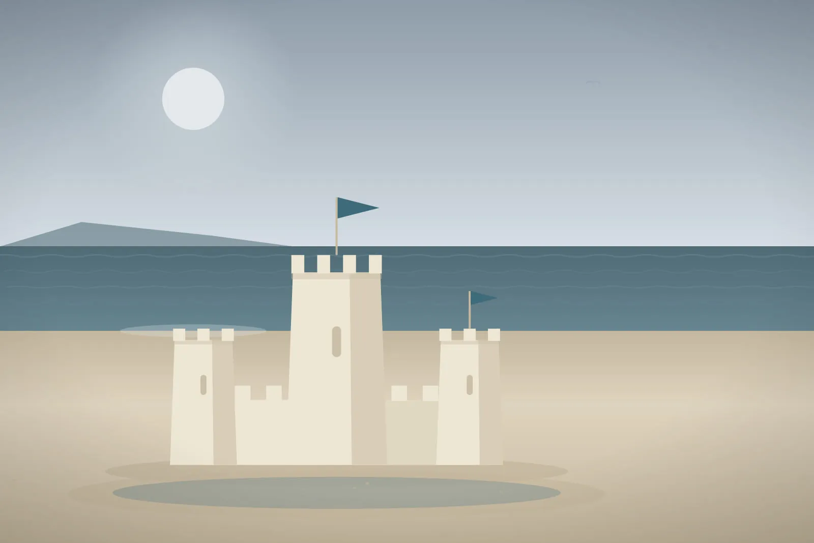 A sandcastle under uniform grey cloud, low contrast across sea and sand, with a long defensive ridge of sand built up in front of it.