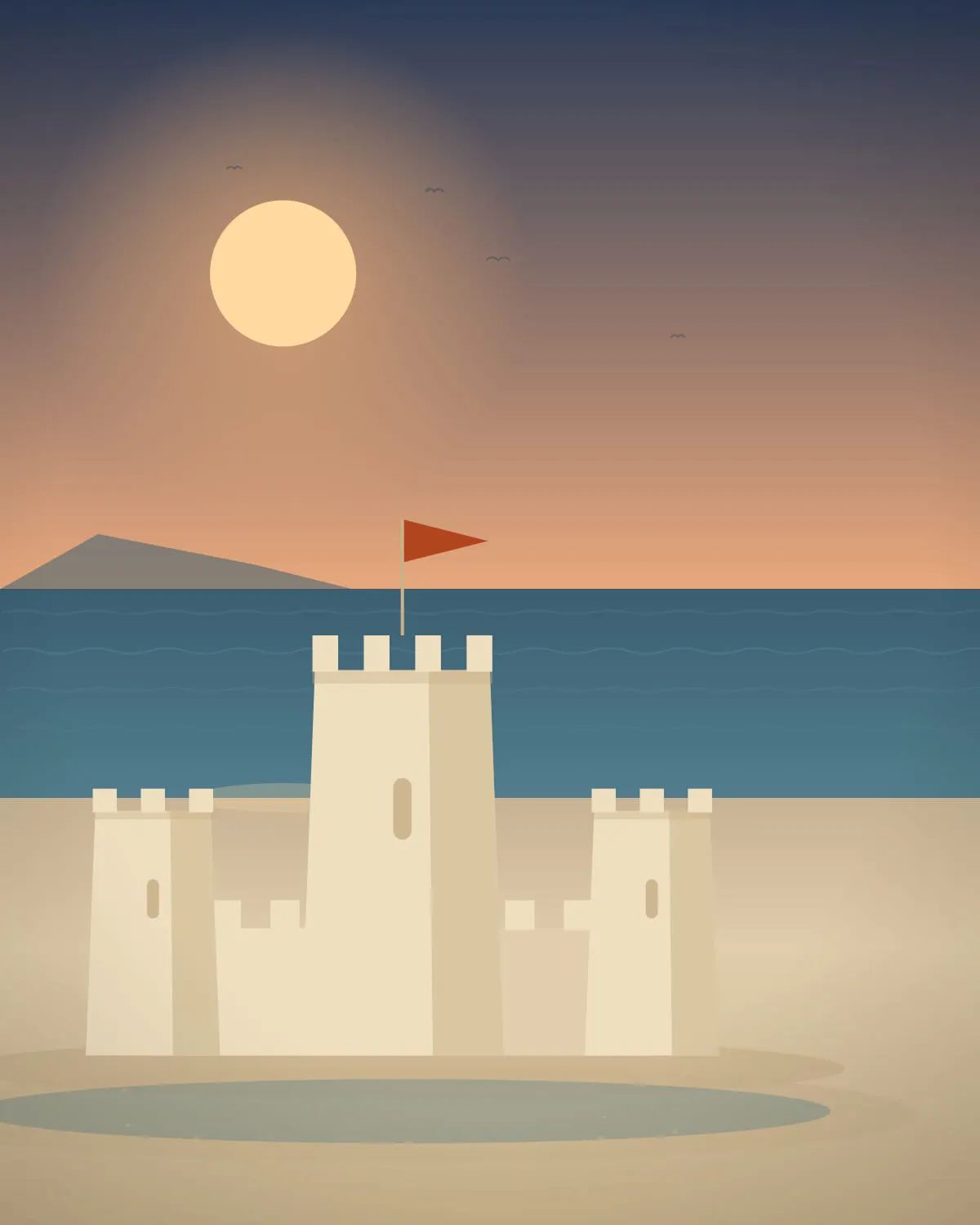 A portrait view of a sandcastle at dawn, soft pink light on the upper towers, with a stepped moat descending across the foreground.