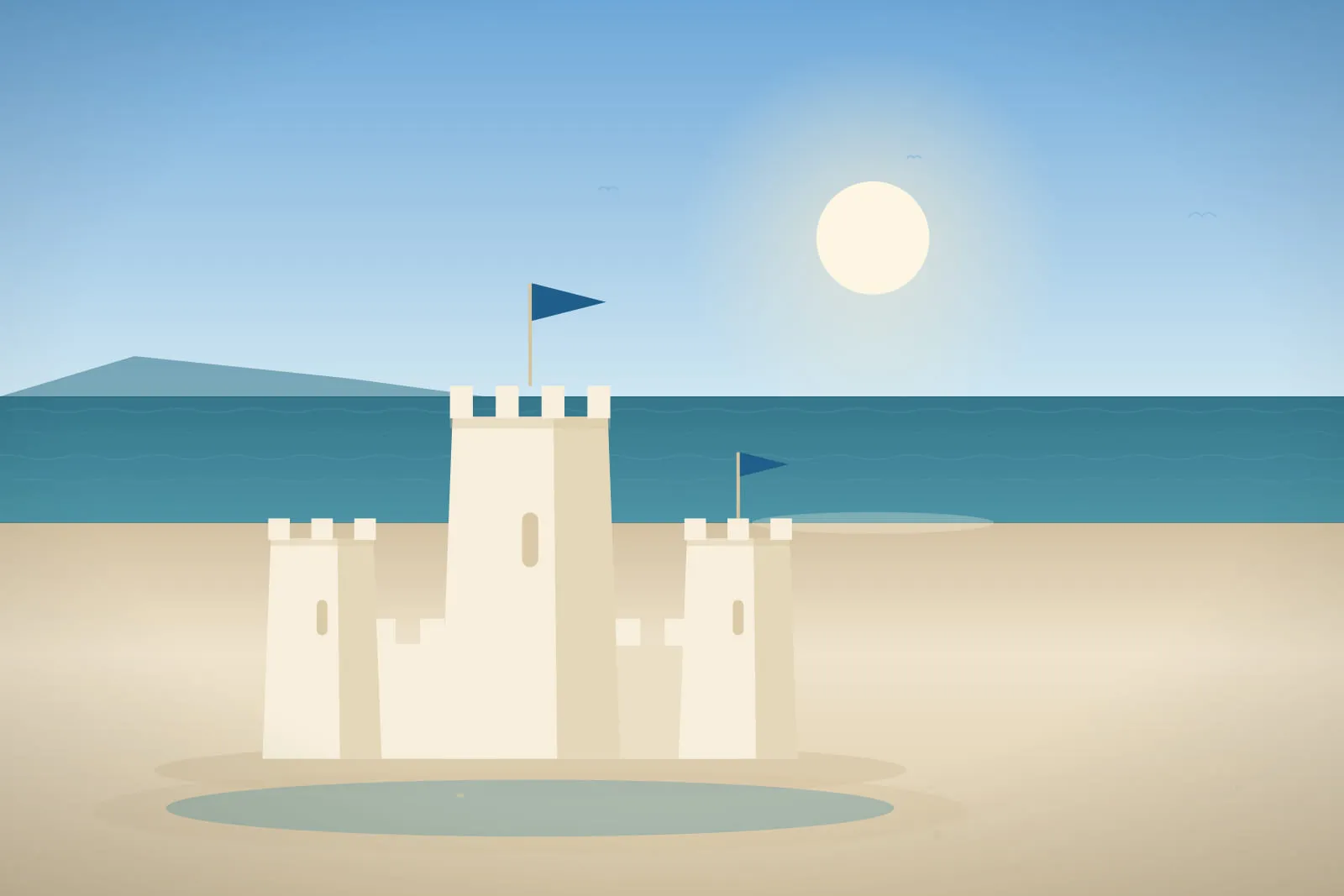 A bright daylight view of a sandcastle with three restored towers of differing heights, deep blue sea behind and clean sand in front.