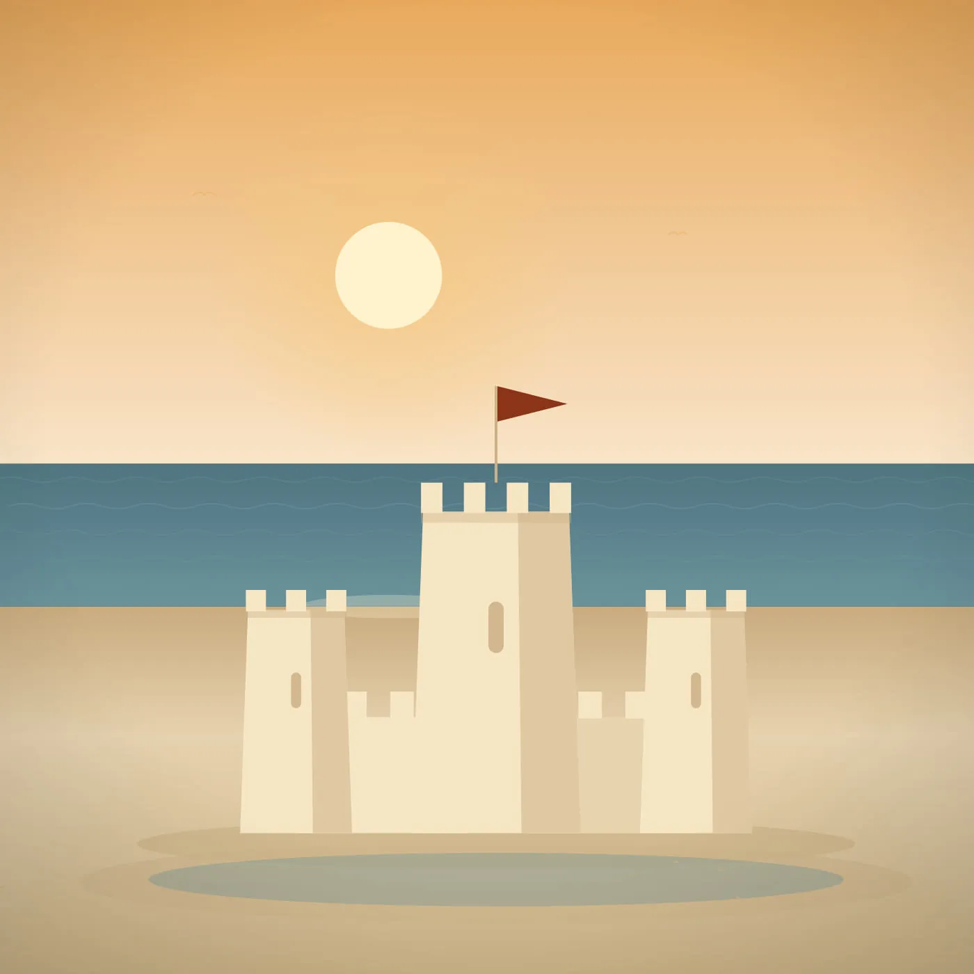 A square-framed sandcastle in warm late light, the base of the walls in shadow and the upper towers catching a golden glow.