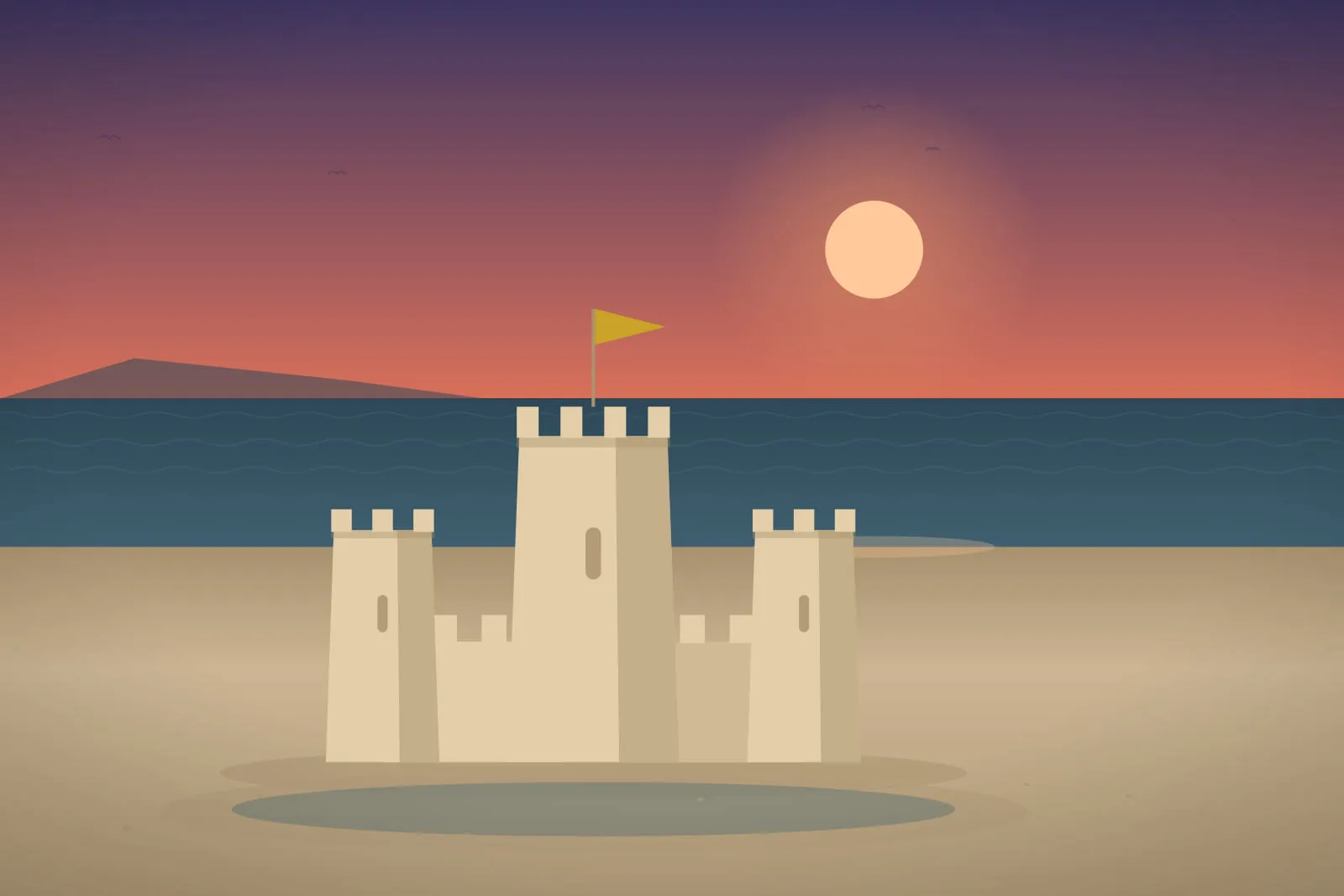 A sandcastle at last light, sky deep violet above and glowing amber at the horizon, the towers rendered almost in silhouette.