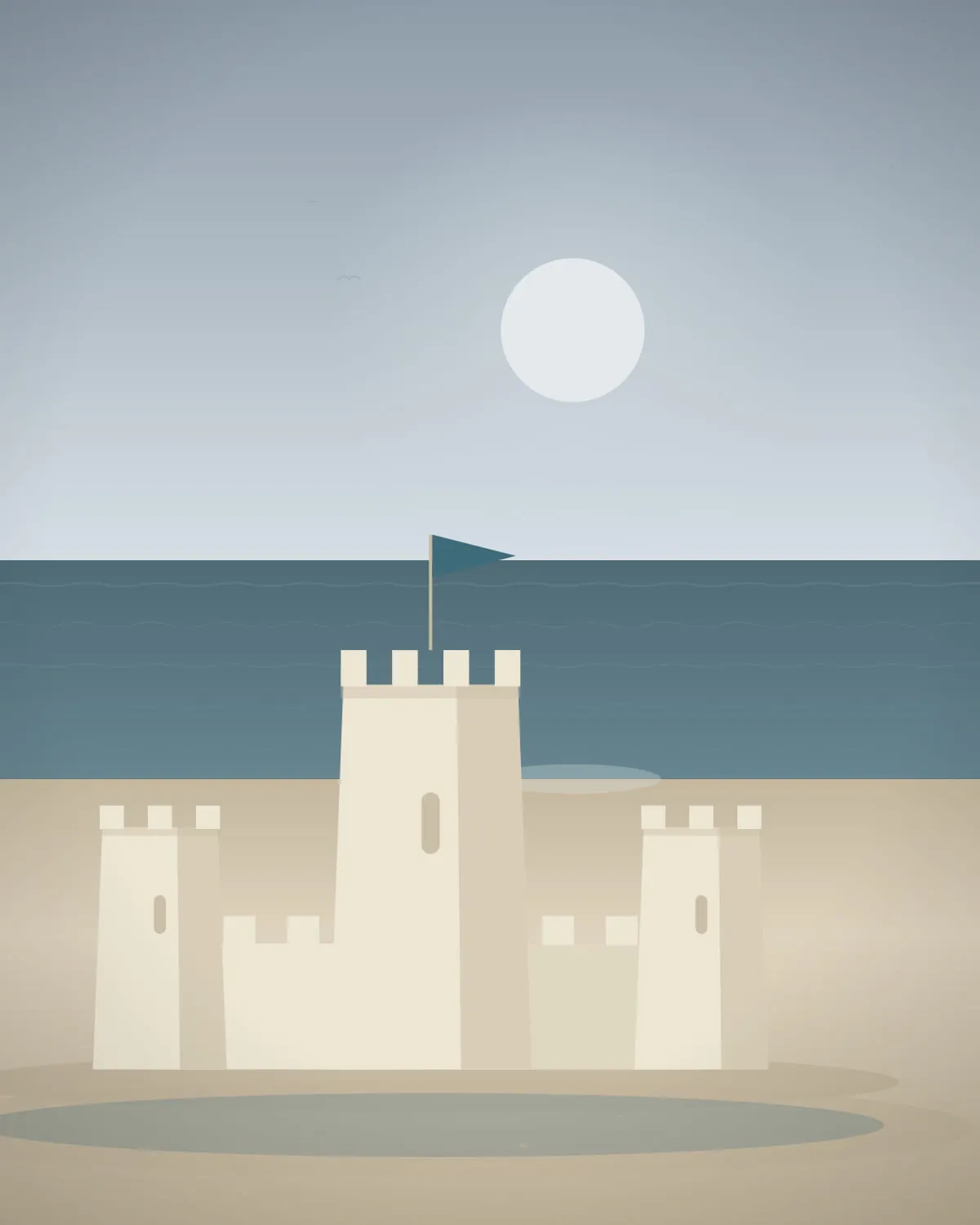 A portrait view of a sandcastle under flat storm-grey light, choppy sea behind and scattered debris across the wet sand in the foreground.
